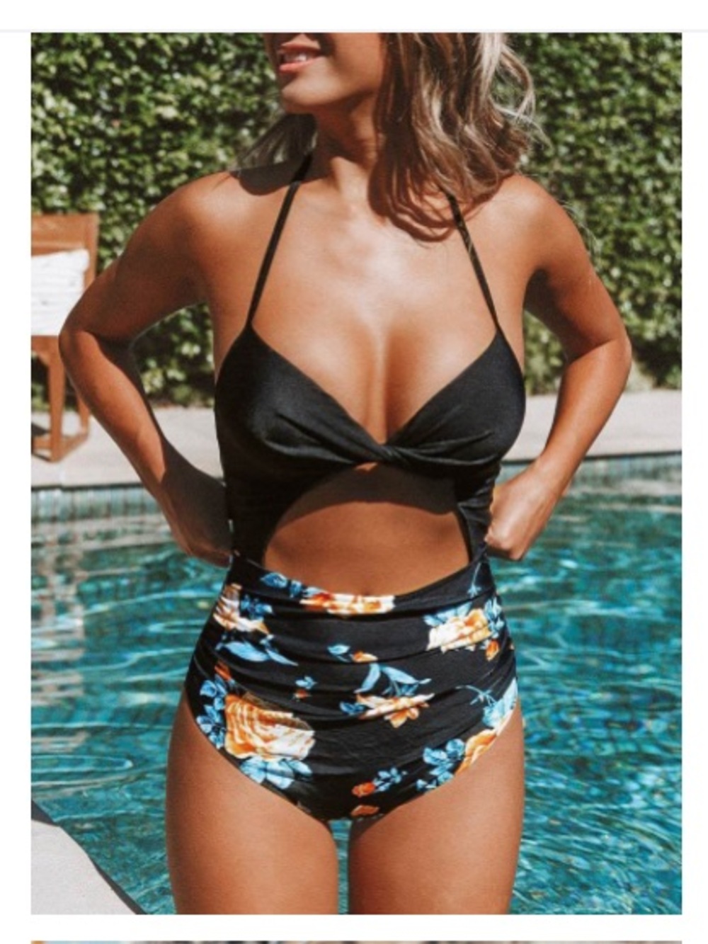 CUPSHE Black Floral Halter Tummy Control One-Piece Swimsuit-XL